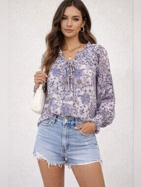 Jane Delancey Floral 100% Rayon Smocked Neck Blouse Size L